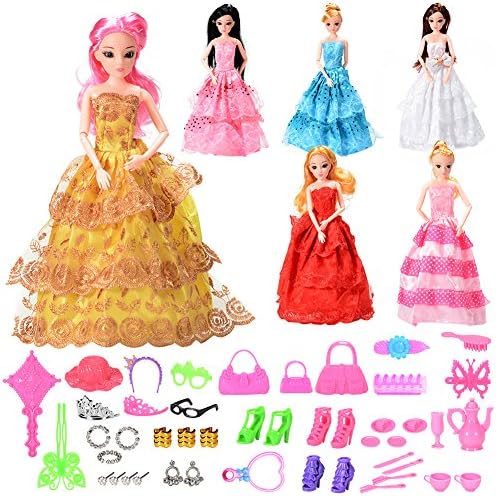 Total 46PCS - 6Pcs Barbie Dresses and 40Pcs Barbie Dolls Accessories, Quality Fashion Wedding Party Gown Accessories Pack for Girls  Birthday XMAS-Gifts by Sakiyr (Barbie Doll Not Included)