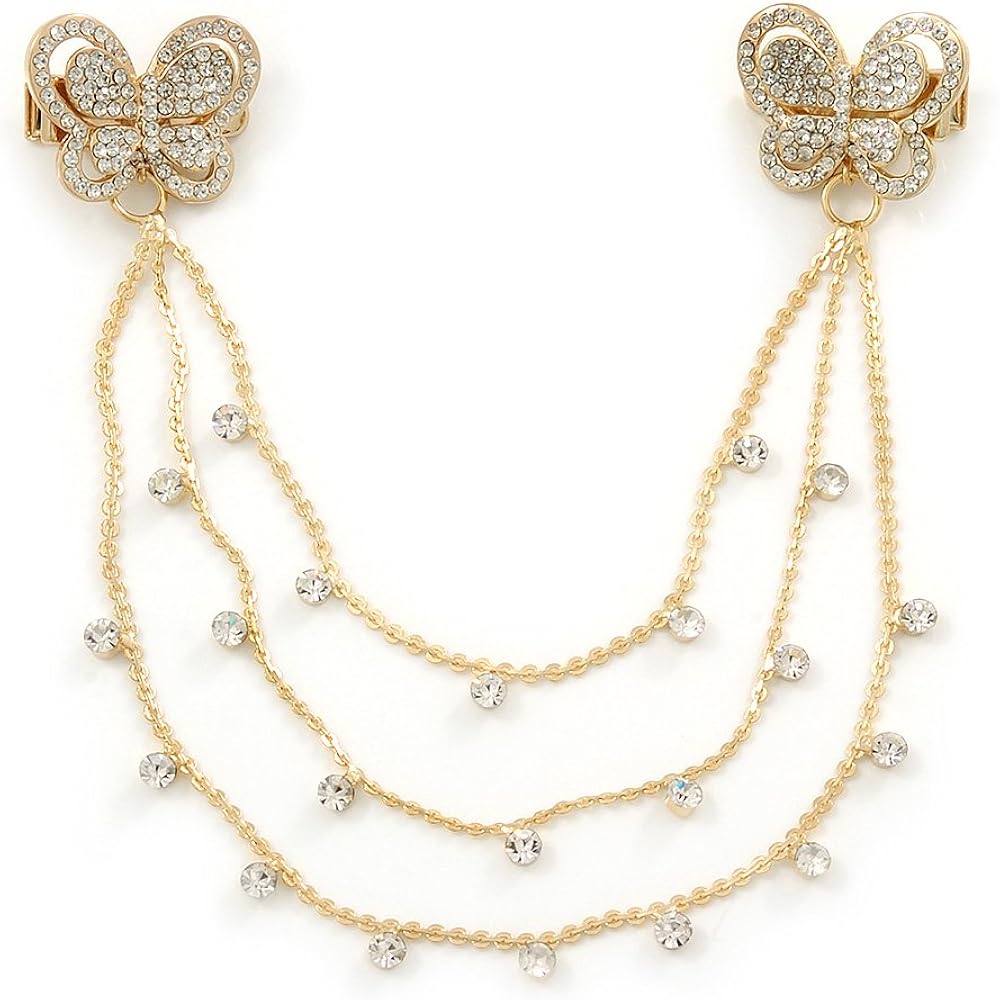 Bridal/Wedding/Prom Double Butterfly Clear Crystal Hair Beak Clip/Concord Clip In Gold Tone, white / ivory, gold
