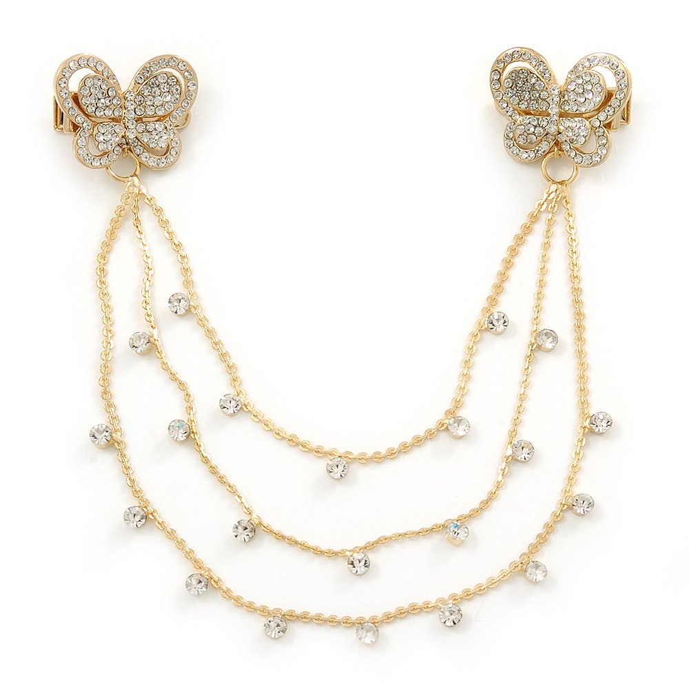 Bridal/Wedding/Prom Double Butterfly Clear Crystal Hair Beak Clip/Concord Clip In Gold Tone