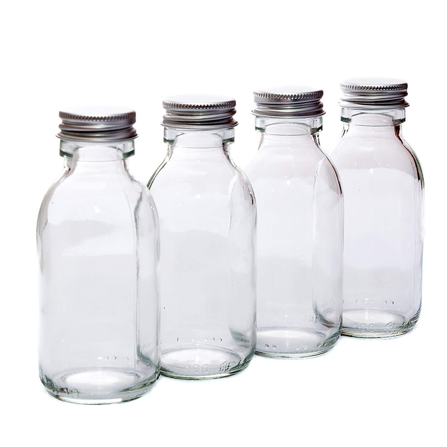 ANCROWN Pack of 4 Bottles with Silver Screw Caps - Clear Glass - 100ml Perfect for Skin Care Products, Herbs, Spices.