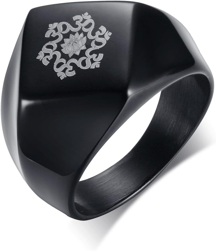 MP Men's Stainless Steel Buddhist Lotus OM Yoga Ring Irregular Signet Engagement Band Black
