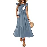 CzzzyL Women's Nursing Dress Flutter Short Sleeve Crew Neck Smocked Elastic Waist Tiered Midi with Pockets
