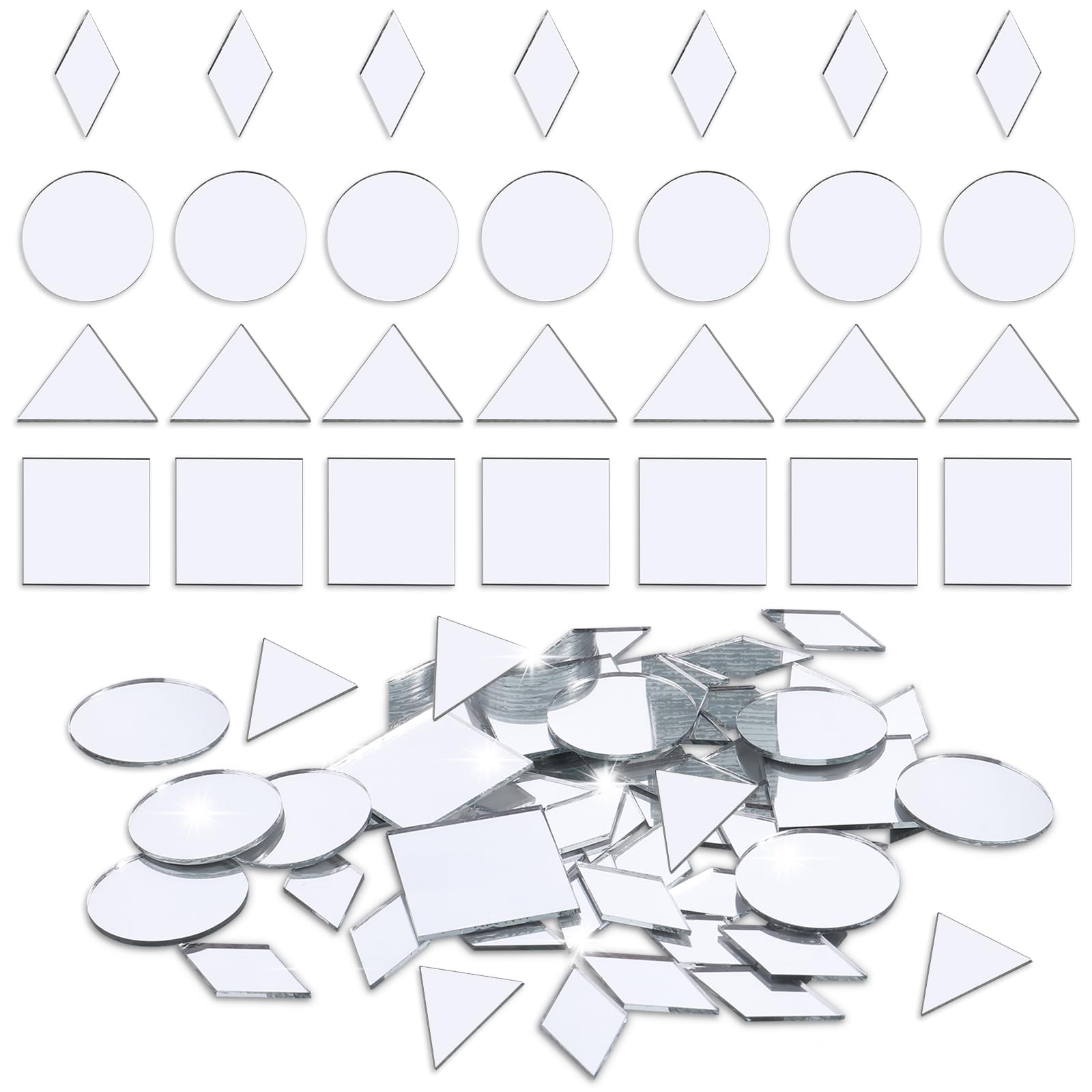 Piriuuo 120 Pcs Small Mirrors for DIY Mirror Mosaic Tiles - 4 Shapes: Triangles, Squares, Rounds, Rhombus - 1 Inch Glass Tiles for Crafts
