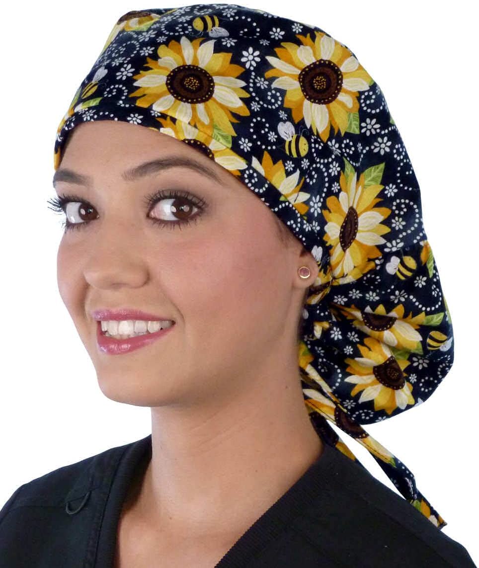 Sunflower Big Hair Ponytail Surgical Scrub Cap