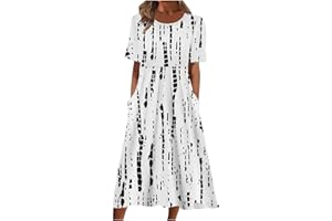 GENERIC Black Dresses for Women Women Casual Loose Crew Neck Bohemian Floral Dress Short Sleeve Long Maxi Summer Beach