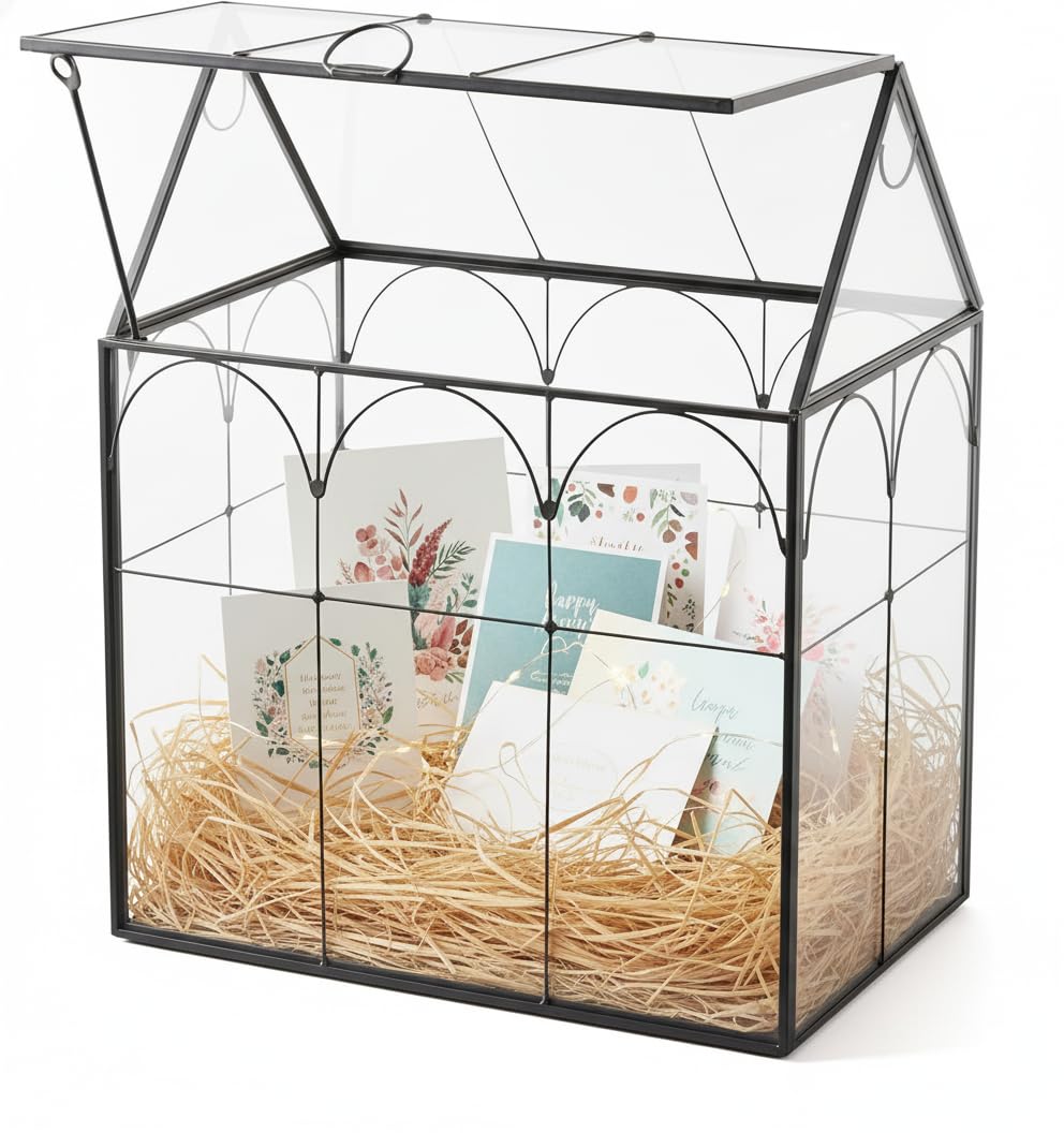 Photo 1 of Greeting Card Storage Box for Wedding - Handmade, Arched Lid, Gold Clear Glass Card Holder for Wishing Well - Wedding Party Reception Decoration Storage, Large (Glass Box Only)