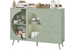 FACBOTALL Coffee Bar Cabinet with Fluted Glass Door, Modern Cream Style Buffet Sideboard with Wine Glass Rack, Chest of Drawer Buffet Cabinet with Storage for Living Room, Green