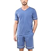 COLORFULLEAF Men's 100% Cotton Pajama Set Short Sleeve Button Down Sleepwear Soft V-neck Lounge Pjs with Pockets
