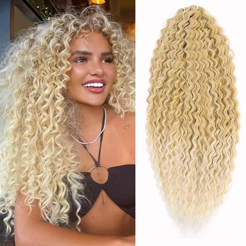 PORSMEER 3 Packs 22 Inch Synthetic Ocean Wave Hair Bundles - Blonde/Light Blonde for Women - Deep Wave, Curly Braiding Hair Extension