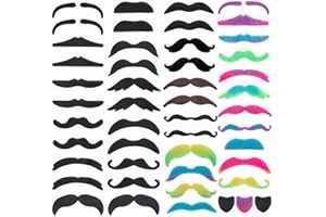 Parceria 48 Pcs Fake Mustache, Colorful and Varied Styles of Fake Beard Realistic Mustache, Self Adhesive Novelty False Facial Hair, Easy to Remove and Skin Friendly Costume Beard