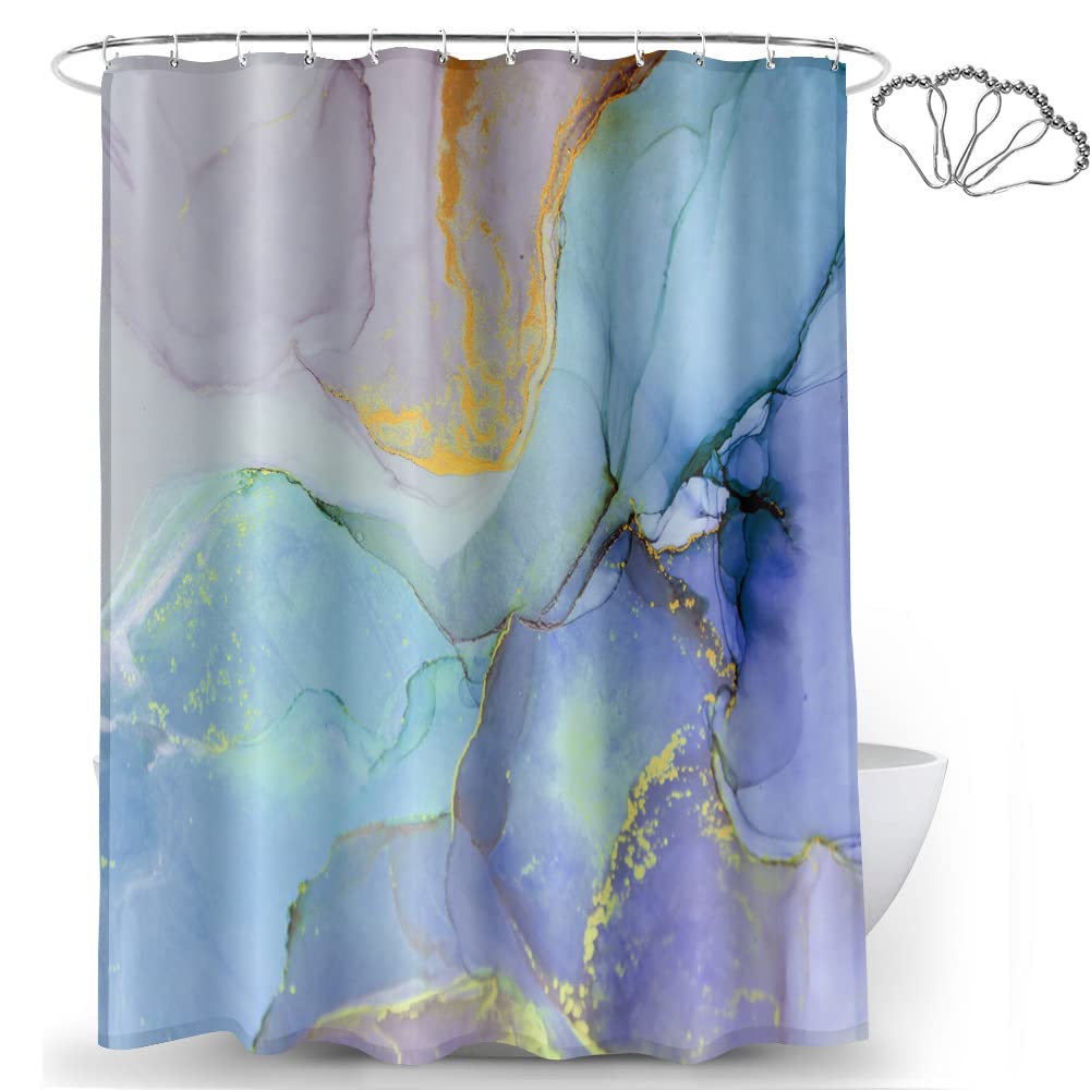DeKeLaiFu Purple Green Teal Gold Shower Curtain Cloth Fabric Marble Shower Curtain, Abstract Watercolor Ombre Art Glitter Shower Curtains Bathroom Waterproof (180 x 180 cm),Purple, Teal, Blue, Gold