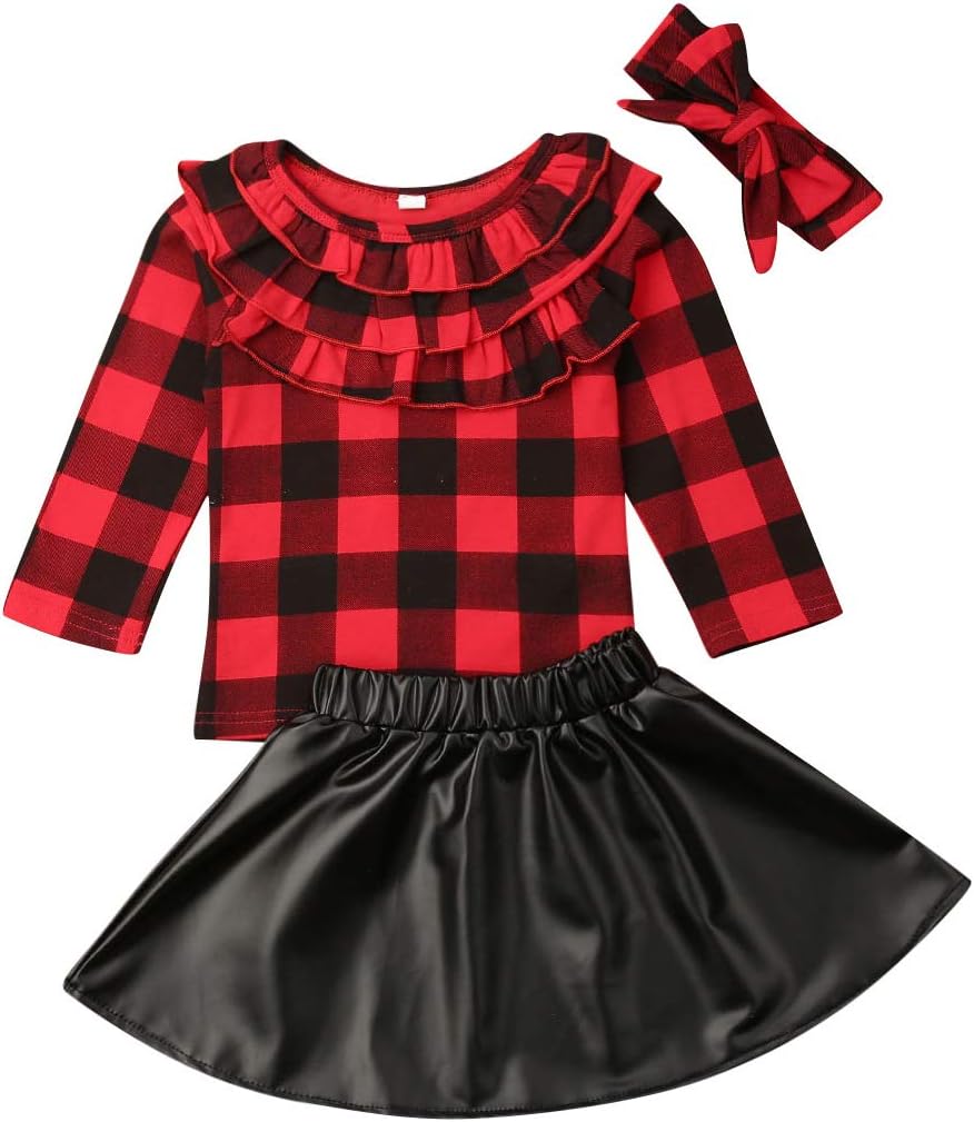 Toddler Girls Christmas Skirt Clothes Red Plaid Tops T Shirt+Mini Skirt Dress Outfits Costume