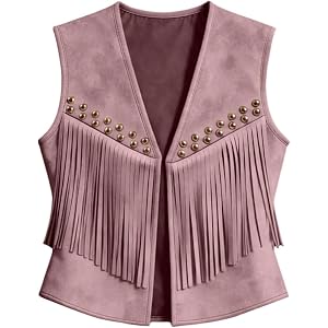 MakeMeChic Women's Suede Fringe Vest Rivet Open Front Sleeveless Western Crop Jacket