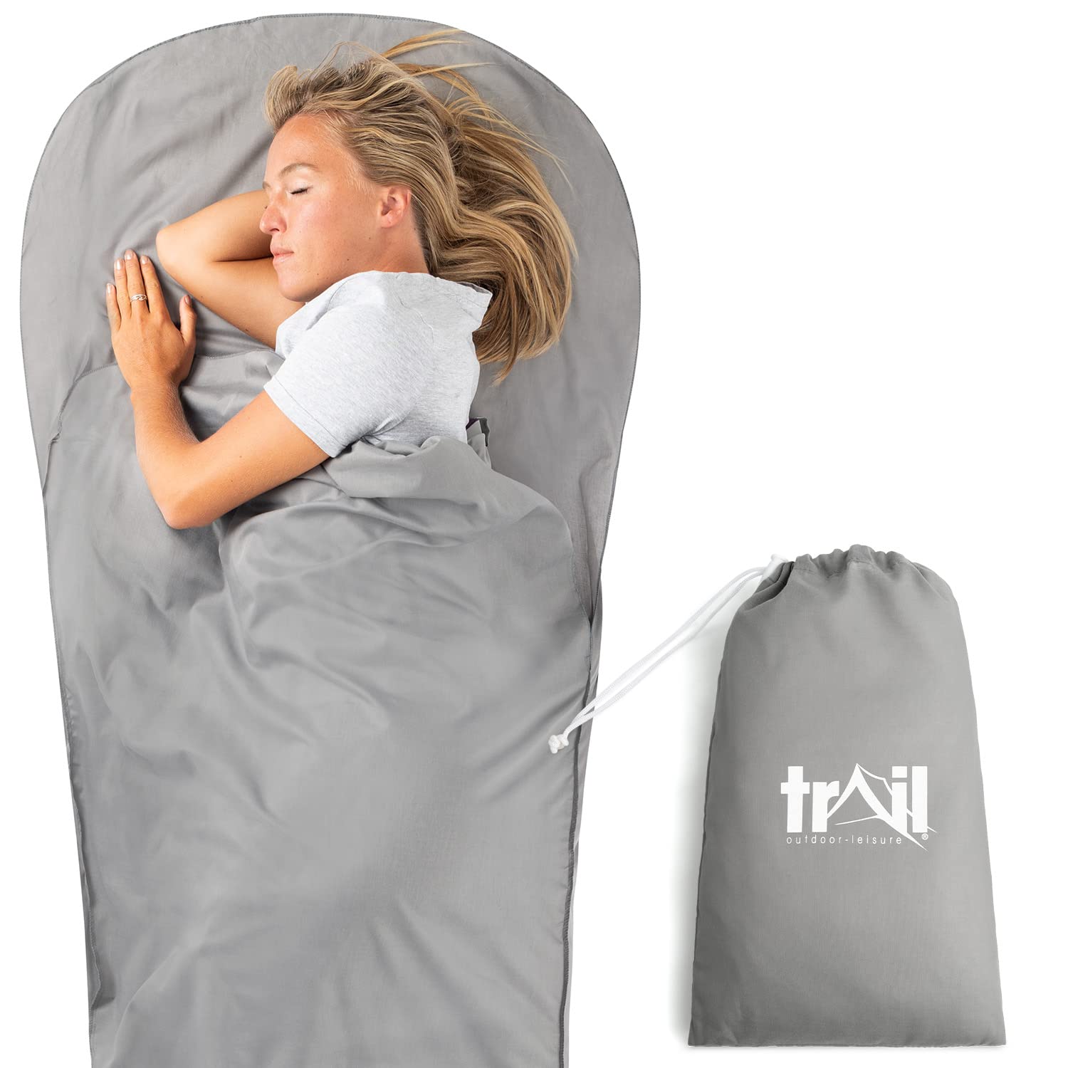 Trail Sleeping Bag Liner Camping Travel Sheet Single Mummy Shape with Pillow Slot and Bag (220cm x 80/50cm)