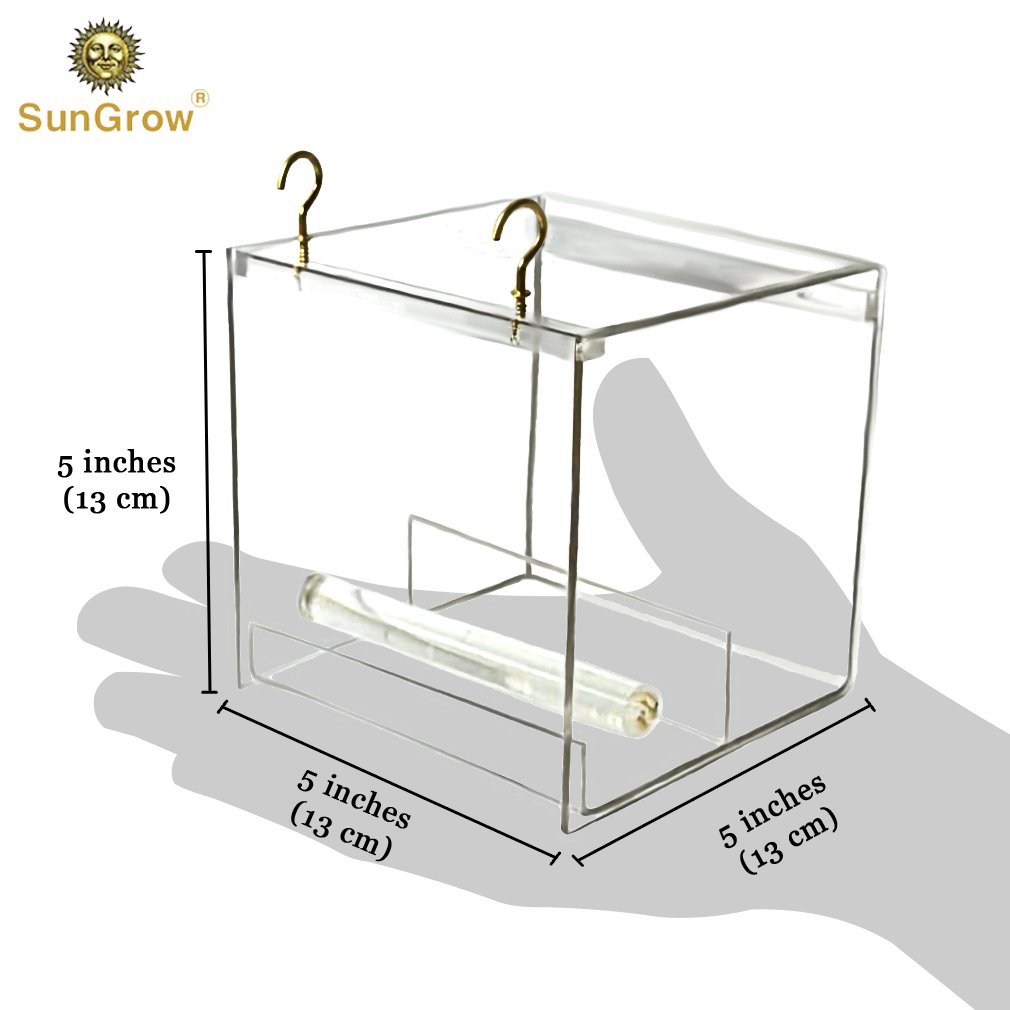 Acrylic Glass Bird Feeder Set -- Spill-proof, Crystal clear - Easy to install with 2 Hooks, Economical - Perch provides enjoyable eating time to Finch, Parakeet, Sparrows - Perfect for all Cage Sizes