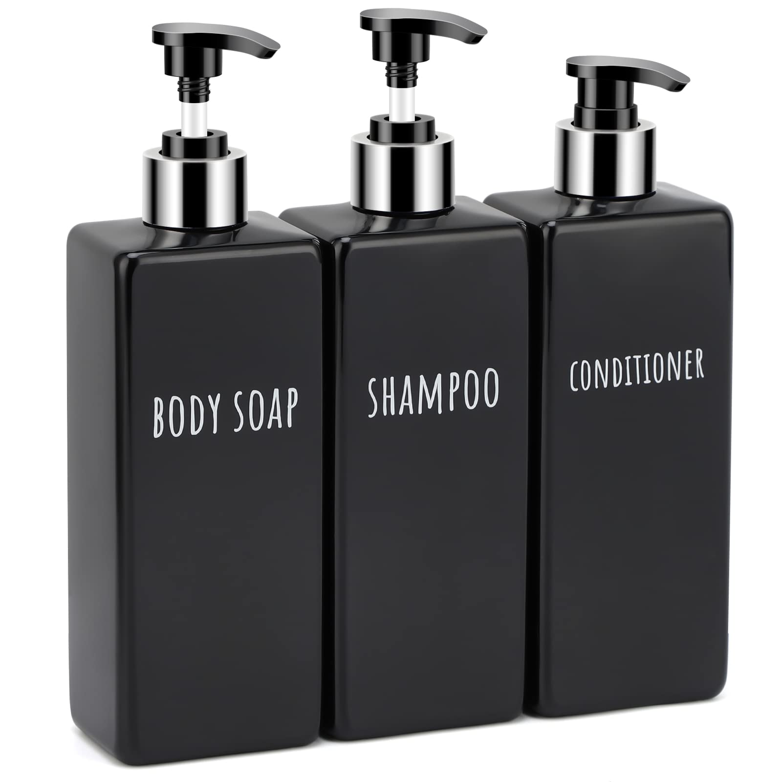 Segbeauty Shower Soap Dispenser Black，3pcs 16.9oz Empty Refillable Bathroom Press Pump Bottles，500ml Reusable Plastic Square Shampoo Conditioner Body Soap Set Modern Kitchen Home Decor (SBFBA161073)