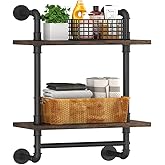 Helsin Industrial Pipe Floating Bathroom Shelves Wall Mounted with Towel bar, 2 Tier Rustic Wood Wall Shelf, 16inch Metal Towel Rack Storage Bookshelf for Bathroom, Kitchen, Farmhouse, Living Room | with Towel bar, Wall Shelf, Towel Rack, Storage Bookshelf, for Bathroom, Kitchen