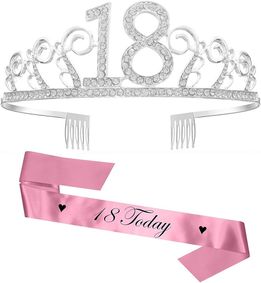 REYOK Geburtstags Krone 18. Geburtstags Kristall Tiara Krone mit 18 Today Geburtstags Schärpe