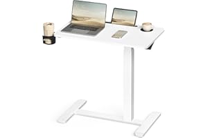 VASAGLE Overbed Table with Wheels, Mobile Standing Computer Desk, 27.6 x 15.7 Inches Tabletop, Adjustable Height, 2 Cup Holders, Phone and Tablet Slot, Cloud White ULSD600W01