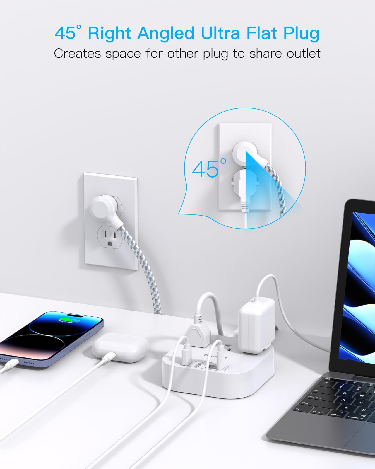One Beat One Beat Power Strip with USB C, 3 Outlets 4 USB Ports (22.5W/4.5A) Desktop Charging Station, Flat Plug, 5ft Braided Extension Cord, Non Surge Protector for Travel, Cruise Ship, ETL Listed