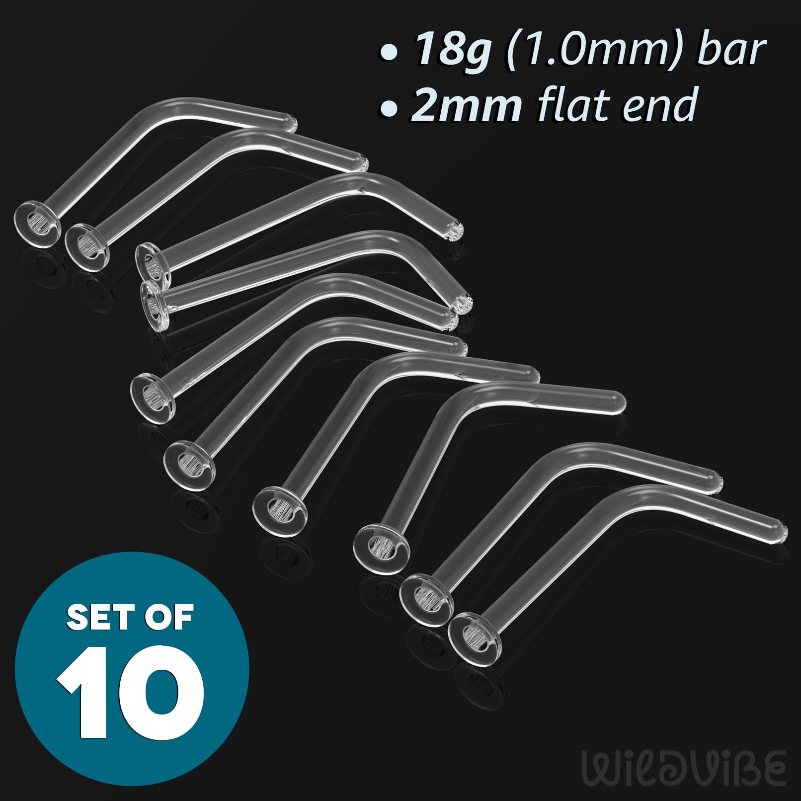 WildVibe 18g Clear Nose Studs for Work - L Shape Clear Nose Rings Piercing Retainers - Bioflex Plastic Nose Rings for Surgery - Flat Top 18 Gauge (1.0mm) 10pcs Pack