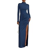 BTFBM Formal Dresses for Women 2026 Spring Long Sleeve Mock Neck Ruched Bodycon Slit Maxi Wedding Guest Dress Cocktail