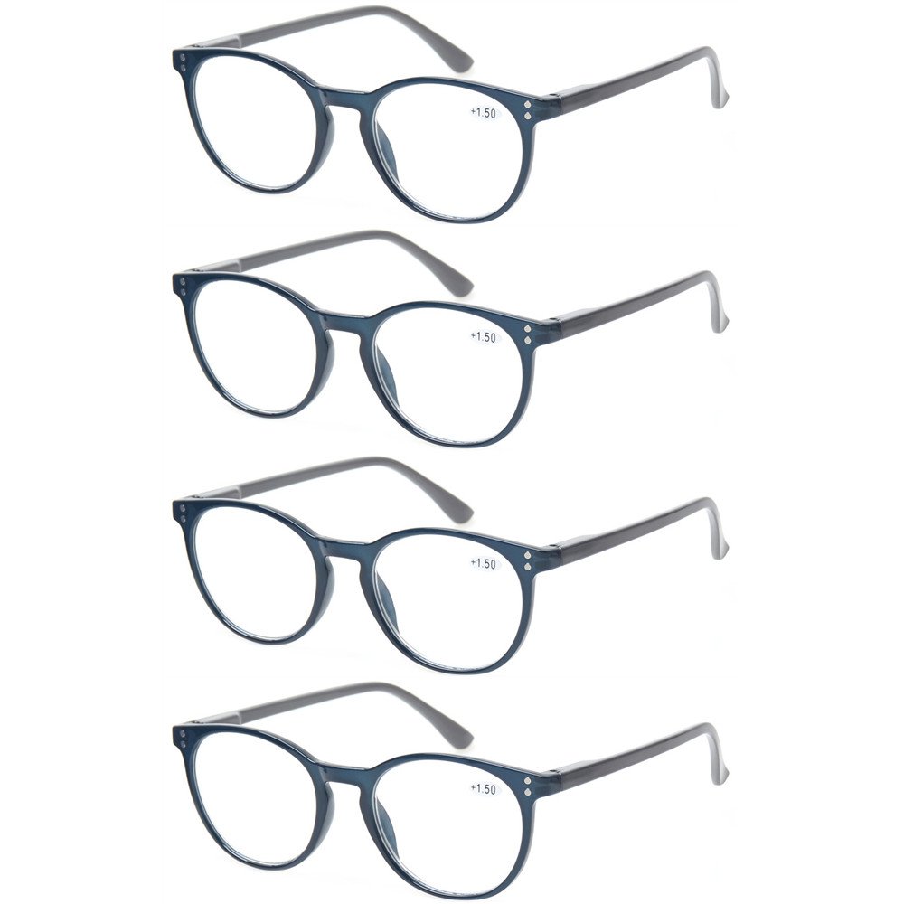 Kerecsen 4 Pack Retro Round Reading Glasses Men Women Spring Hinges Lightweight Quality Readers (1.0,Blue)