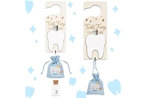 AINBIN Tooth Fairy Tooth Holder, Tooth Fairy Door Hanger with Money Slot, Keepsake Bottle & Burlap Pouch for Lost Teeth, Encourage Gift for Boys Girls, Blue