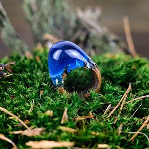 OKTIE Saphire Blue Wood Resin Ring HandMade Wooden Gift for Her Gift Box Free Engraving