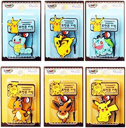 Pokemon Pikachu Keychains Key Ring Phone Charm 6Piece(Pikachu Charmander Eevee Squirtle Bulbasaur)