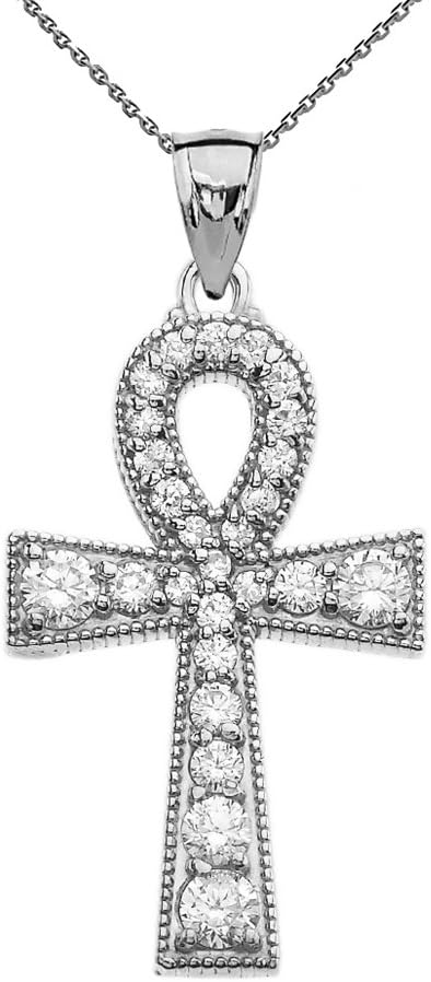 Cubic Zirconia Sterling Silver Ankh Cross Pendant Necklace