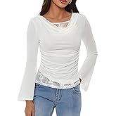 Women’s Lace Long Sleeve Tops Bell Sleeves Cowl Neck Going Out Slim Fit Knit Shirts