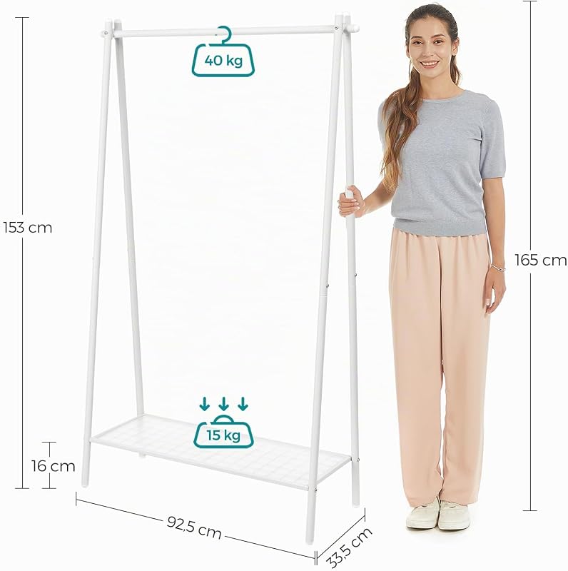 Burro, cabide de roupa, estrutura em aço, com barra e prateleira, 33,5 x 92,5 x 153 cm, para quarto, roupeiro, lavandaria, HSR023W01 branca