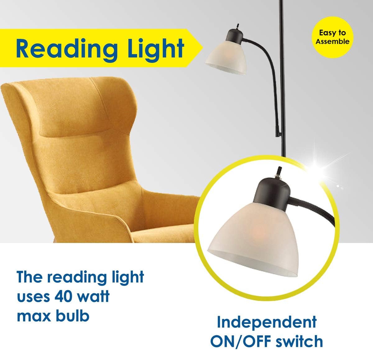 Adjustable Floor Lamp with Reading Light by Light Accents - Susan Modern Standing Lamp for Living Room/Office Lamp 72" Tall - 150-watt with Side Reading Light Corner Lamp (Black) - - 