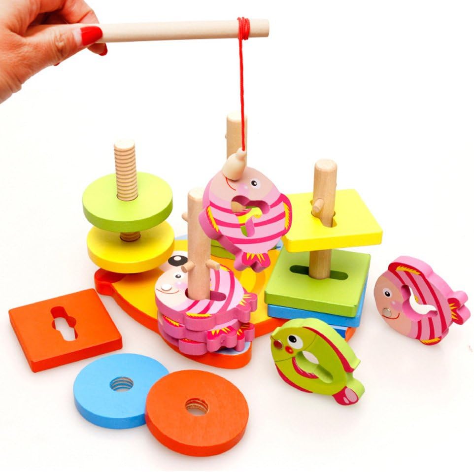iPuzzle Shape Color Stacking Sorter and Magnetic Wooden Fishing Game Set Toys for Kids Toddlers