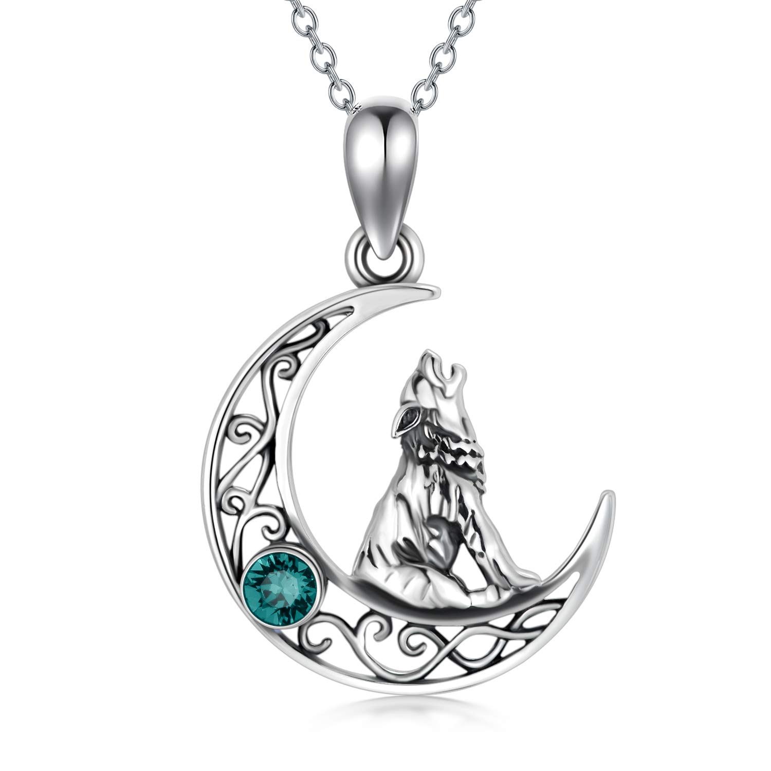 AOBOCO Sterling Silver Crescent Wolf Pendant Necklace, Wolf Jewellery Gifts for Women Her (Simulated Emerald)
