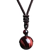 Lucky Natural Crystal Black Obsidian Tiger Eye Stone Bead Pendant Necklace Energy Healing Adjustable Braided Rope Cord Necklace for Women Men Protection Jewelry Gift