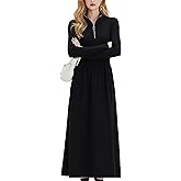 LAI MENG FIVE CATS Women's Fall Ribbed Knit Casual Long Sleeve Quarter Zip Pleated Sweater A Line Maxi Dress