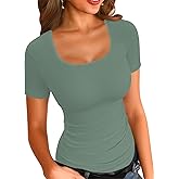 LOLONG Womens Short Sleeve Ribbed T Shirts Summer Casual Square Neck Lace Patchwork Tops