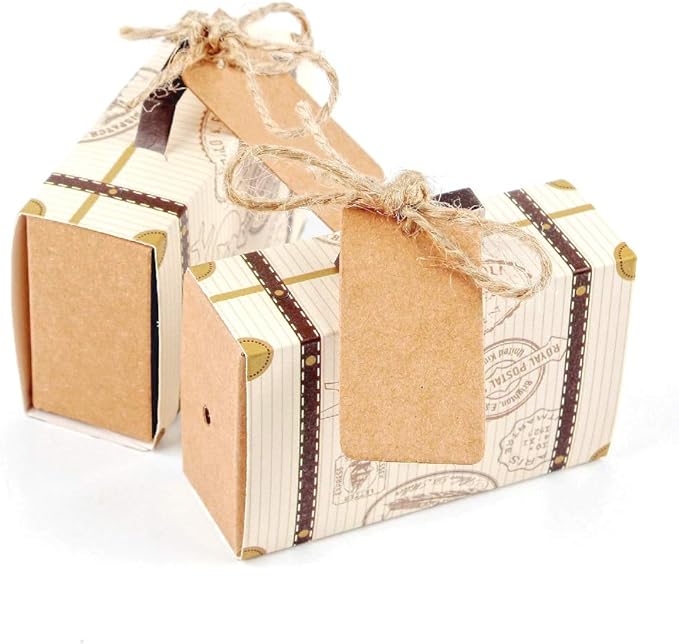 JZK 50 Mini suitcase favor box with jute twine string kraft paper small sweets box for wedding