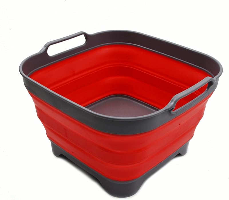 SAMMART 10L Collapsible Dishpan with Draining Plug Grey Red