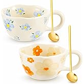 Vesici 2 Pcs Ceramic Coffee Mugs Flower Cups with Spoon Vintage Floral Mugs with Handle 8.5 oz Aesthetic Tea Porcelain Cup Gift for Valentine Office Home, Dishwasher and Microwave Safe(Vivid)