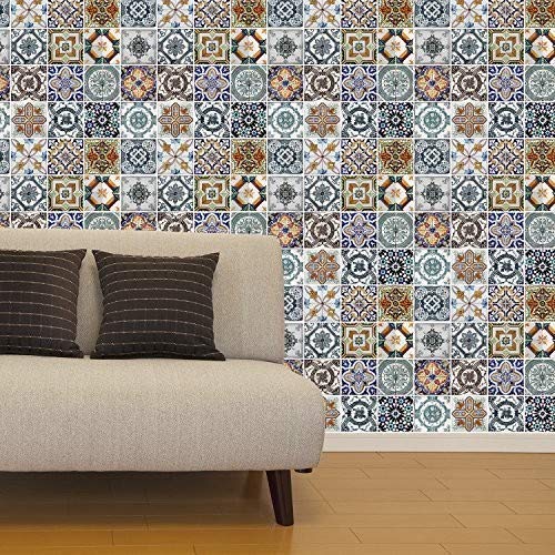 WALPLUS COM-WM10008 8-Piece Flexiplus Mediterranean Tiles Wall Sticker, Vinyl, Multi-Colour, 63.5 x 15 x 15 cm