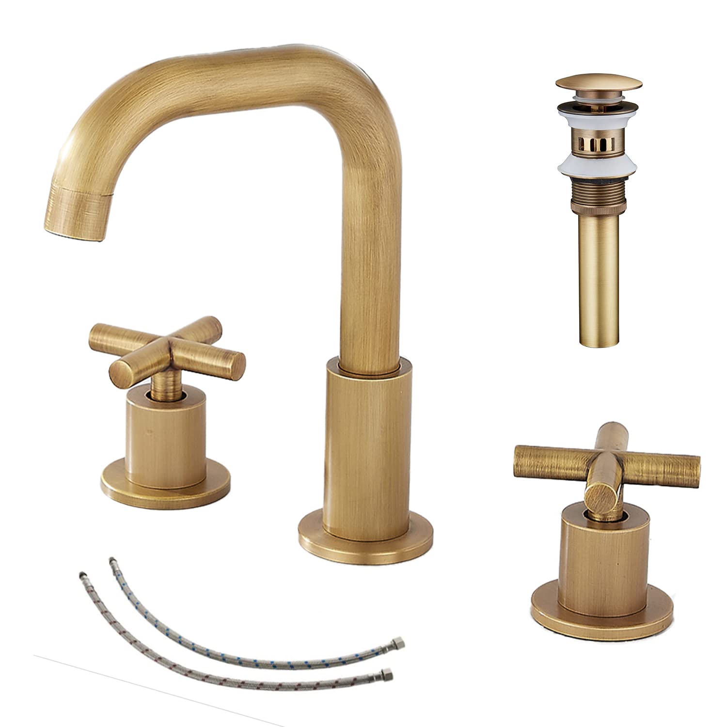 Photo 1 of 2 Handle Bathroom Faucet GGStudy3 Holes 360 Swivel Spout Antique Brass Widespread Bathroom Sink Faucet with Pop Up Drain