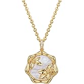 MEVECCO Birth Flower Necklace For Women 18k Gold Plated Mother Of Pearl Disc Floral Pendant Necklace Dainty 12 Birth Month Flower Handmade Personalized Jewelry Anniversary Christmas Birthday Gifts