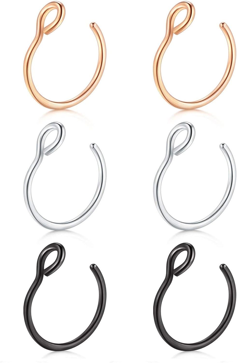 JFORYOU 6 Pieces 316L Steel Nose Ring Nose Hoop Fake Nose Ring Piercing Body Jewelry,Silver Rose Gold Black,20 Gauge 8mm