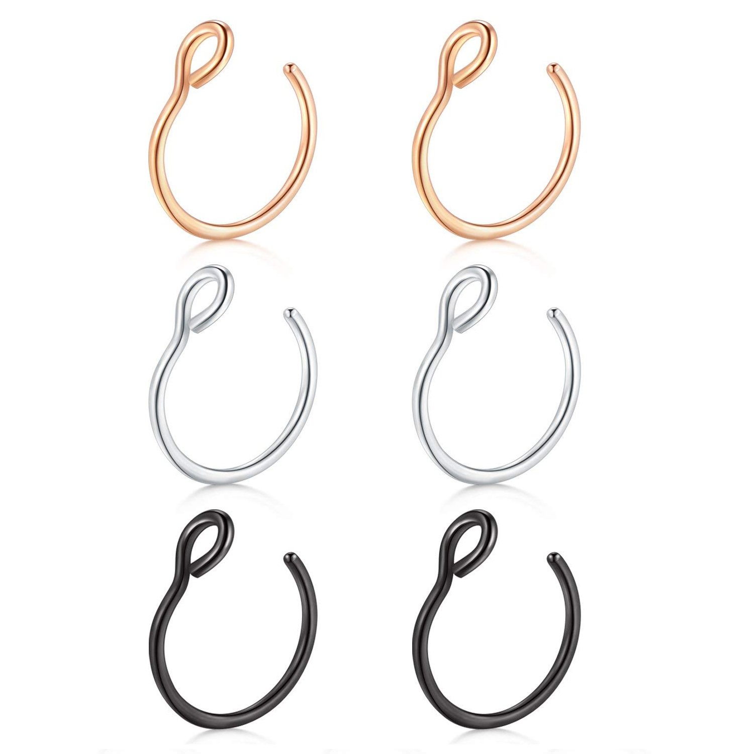 JFORYOU 6 Pieces 316L Steel Nose Ring Nose Hoop Fake Nose Ring Piercing Body Jewelry,Silver Rose Gold Black,20 Gauge 8mm — image 1