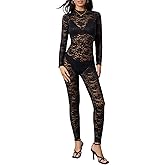Gliswaieuznd Women Sexy Lace Jumpsuit Long Sleeve Mock Neck Mesh Sheer Bodycon Jacquard Playsuit One Piece Romper Jumpsuit
