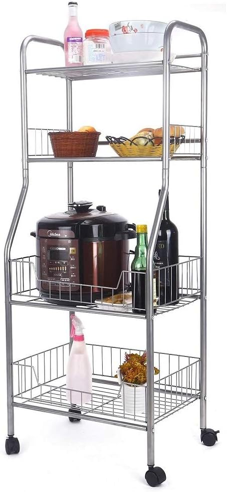 4 Tier Metal Kitchen Bakers Rack Rolling Utility Cart Microwave Oven Stand Storage Rack Strong Mesh Wire Metal Shelves Organizer Fruit Vegetable Storage Basket - Standing Baker's Racks