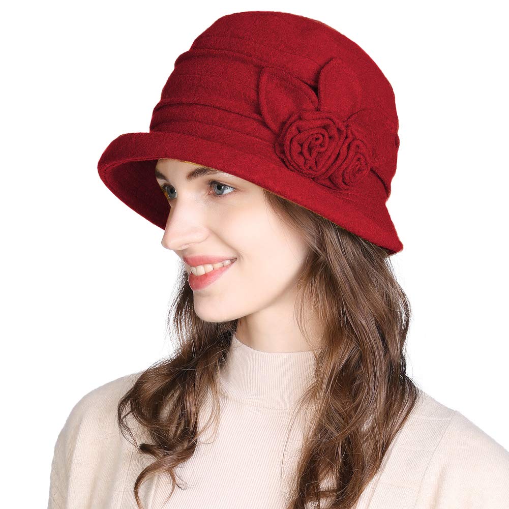 Fancet Ladies Classic 1920s Vintage Cloche Bucket Soft Felt Bowler Derby Designer Spring Winter Fashion Countries Hat Red 55-58CM